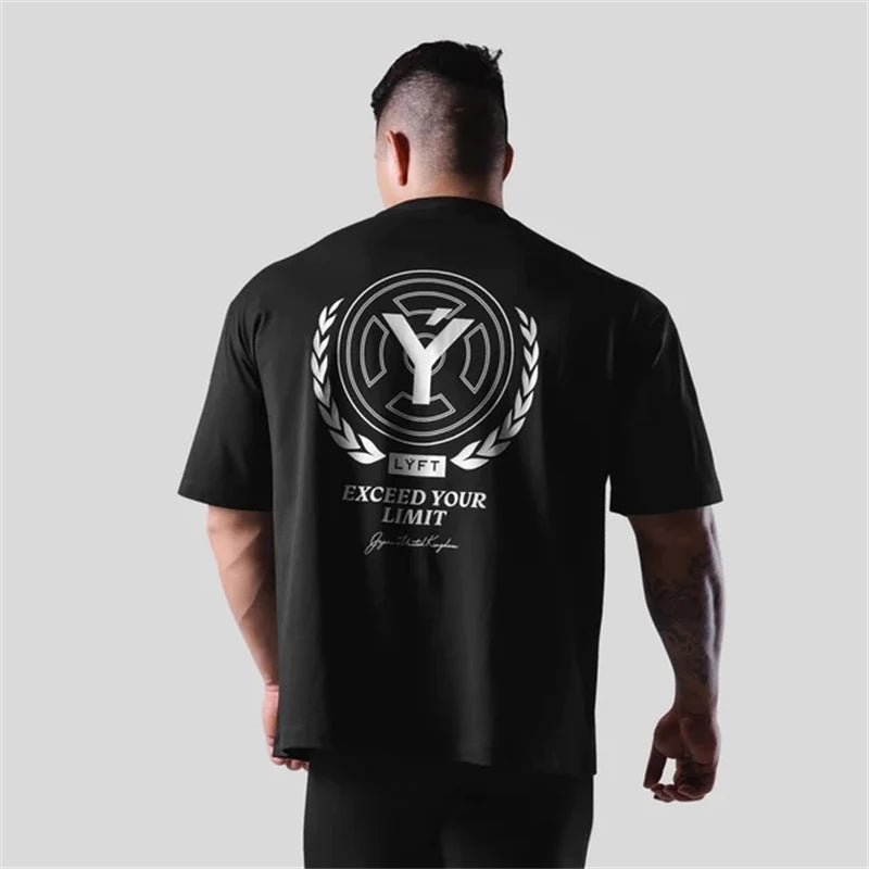 LYFT 210G 100% Cotton Fashion Fitness Sports Short Sleeve Men's Loose T-shirt Summer Workout Casual O-neck Running Tees Tops ATFH