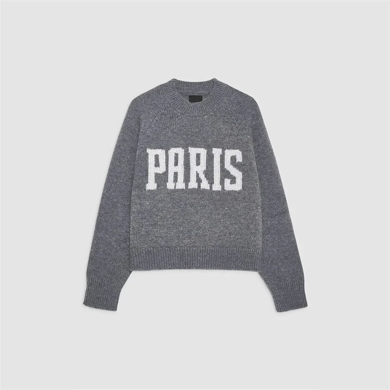 2026 Spring/Winter New Classic Paris Letter Jacquard 100% Cashmere Slim Fit Knit Sweater for Women - ATFH