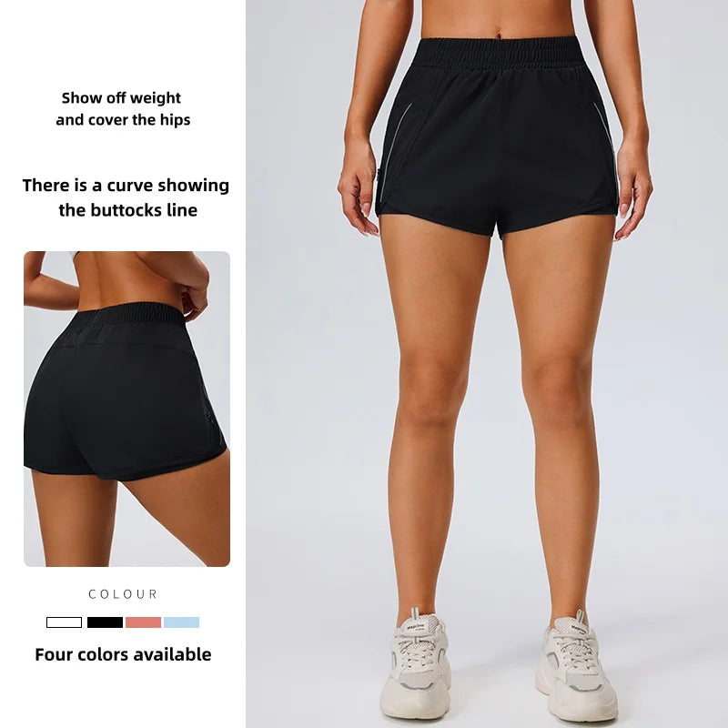 Sports pocket shorts, women's running loose three quarter pants, quick drying lining, anti glare double-layer fitness Tahsi Fashion House