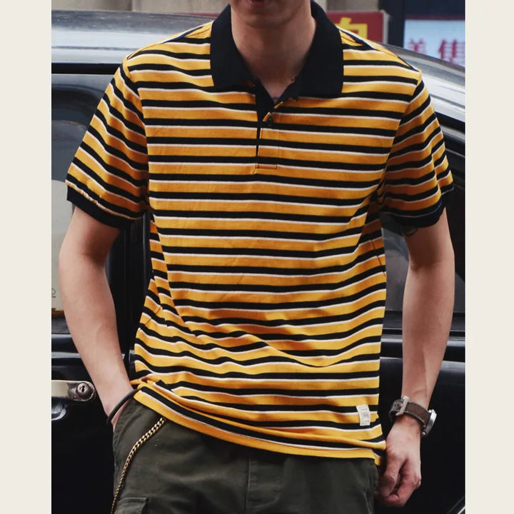 Summer Lapel T-shirt Amekaji Retro Breton Stripe Shirt Pure Cotton Short Sleeve Striped Men's Polo Shirt American Vintage Casual