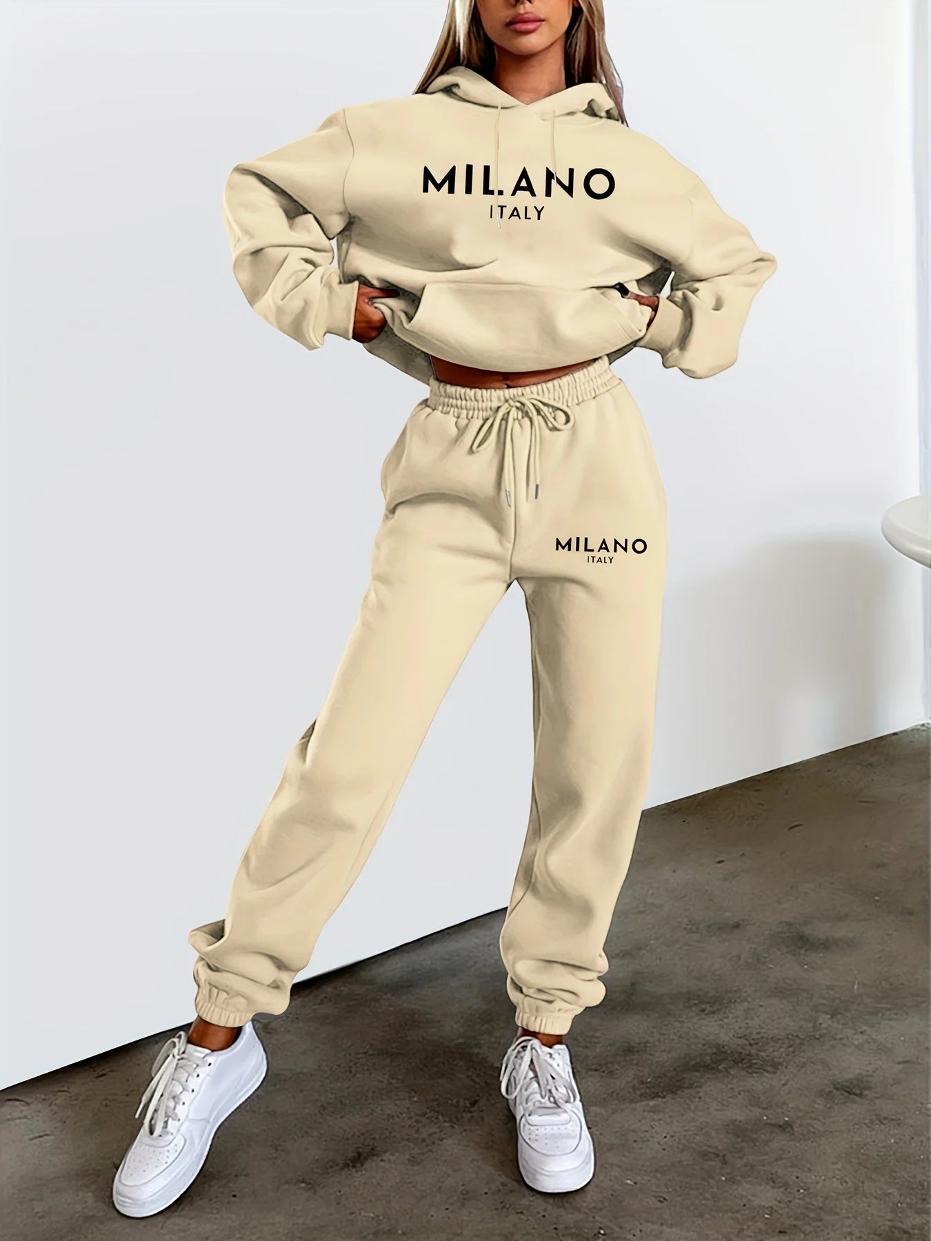 Women's Autumn/Winter Hoodie+Sports Pants Set Street Casual MILANO ITALY Letter Printed Fashion and Velvet Warm Clothing