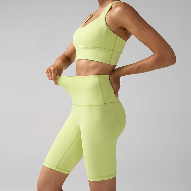 Women's 2 Piece Yoga Gym Sports Clothes Set Cross Back Bra Top with High Waist Shorts Fitness Running Workout Tracksuit - ATFH