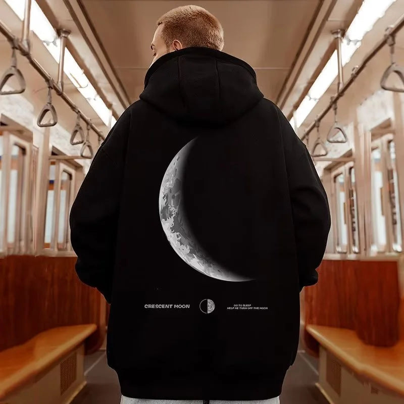 M-8XL American Style Street Crescent Print Oversized Hoodie Long-sleeve Loose Hoodie Student's Large Soft Velvet Hooded Sweater - ATFH