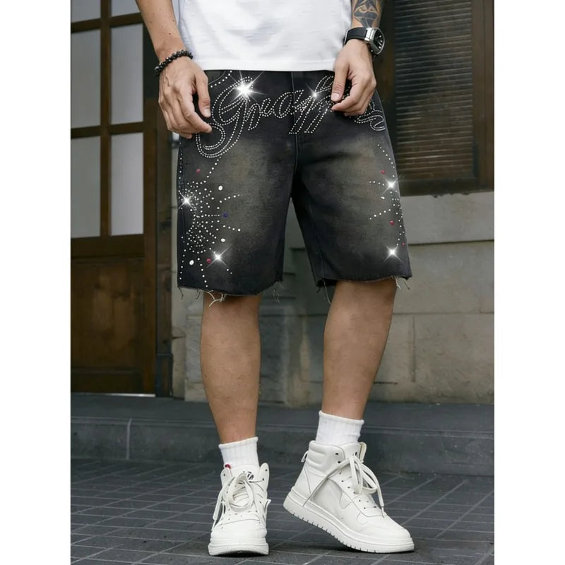 American Streetwear Men's Non-Stretch Denim Shorts Rhinestone Letter Washed Frayed Hem Knee-Length Summer Jeans Shorts ATFH