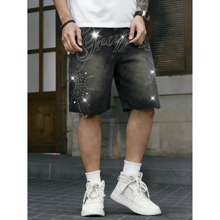 American Streetwear Men's Non-Stretch Denim Shorts Rhinestone Letter Washed Frayed Hem Knee-Length Summer Jeans Shorts ATFH