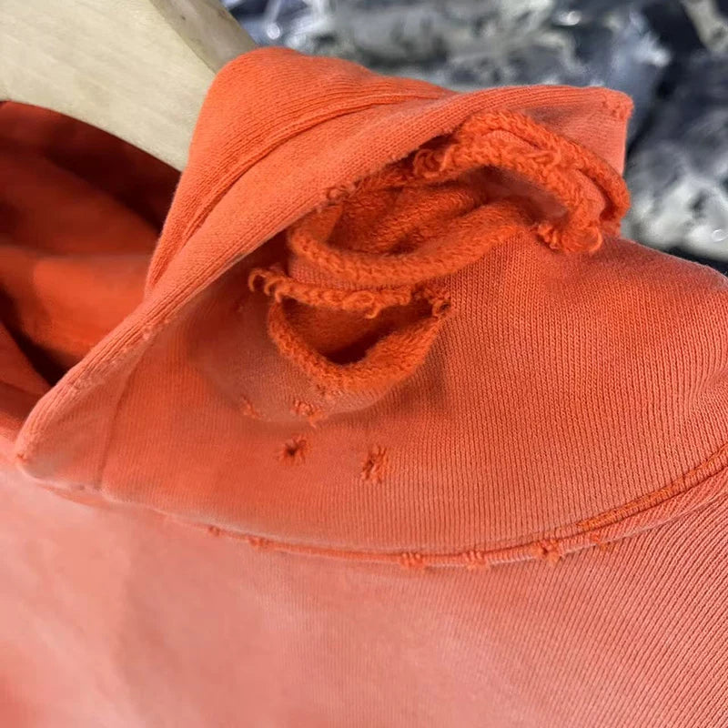 Simple Classic Letters Logo Print Orange Saint Hoodie Hooded Men Women Streetwear Vintage Washed Damaged Hole Pullovers - ATFH