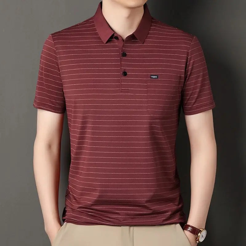 Summer Men's Short-sleeved Lapel Stripe T-shirt with Real Pocket Loose Casual Thin Polo Shirt