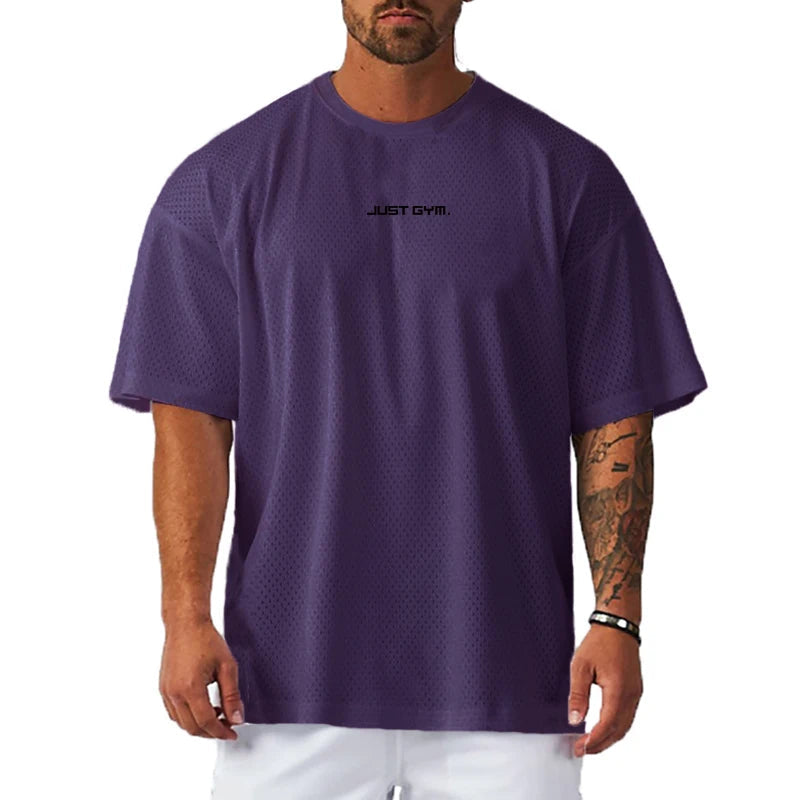 Summer Mesh Breathable Quick Dry Short Sleeve Top Gym Bodybuilding Fitness Training Clothes Oversized Loose Men's Sport T-Shirt ATFH
