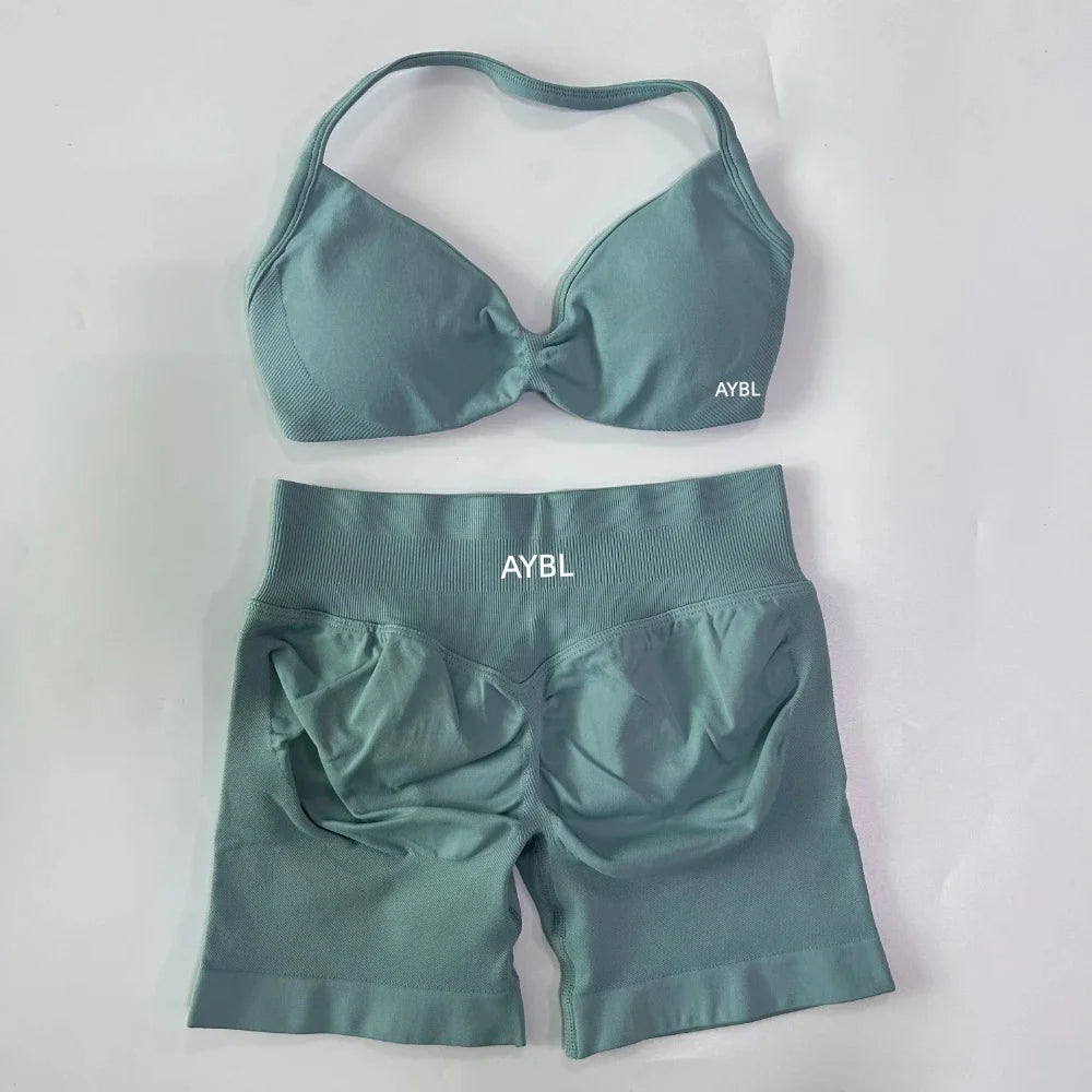 Trendy 2PCS Gym Set Women Strappy Yoga Bra Top High Waist Workout Scrunch Shorts Sports Suit Seamless Yoga Set Fitness Clothes Tahsi Fashion House