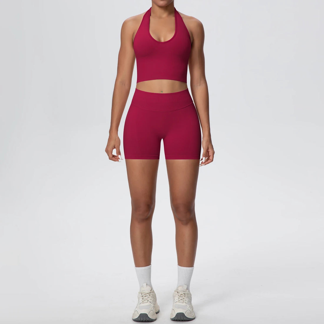 2pcs Summer Breathable Yoga Set Backless Sportswear Solid Color Sexy Neck Strap Bra Quick-Dry High Waist Shorts Yoga Set - ATFH