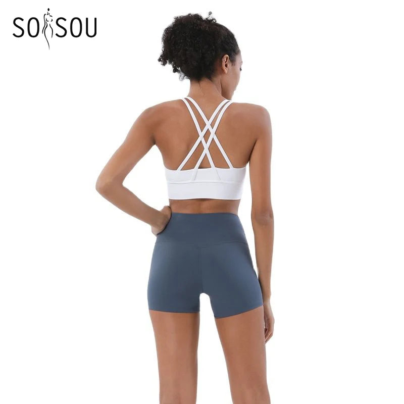 SOISOU Gym Womens Clothing Shorts Sets Yoga Women's Tracksuit Sexy Bra High Waist Short Sportwear Elastic Set Woman 2 Pieces - ATFH