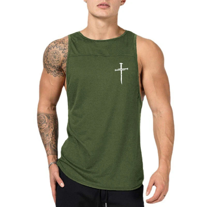 Personalized Cross Print Gym Bodybuilding Sleeveless Stringer Tank Tops Cotton Breathable Cool Mens Fitness Casual Loose Shirts