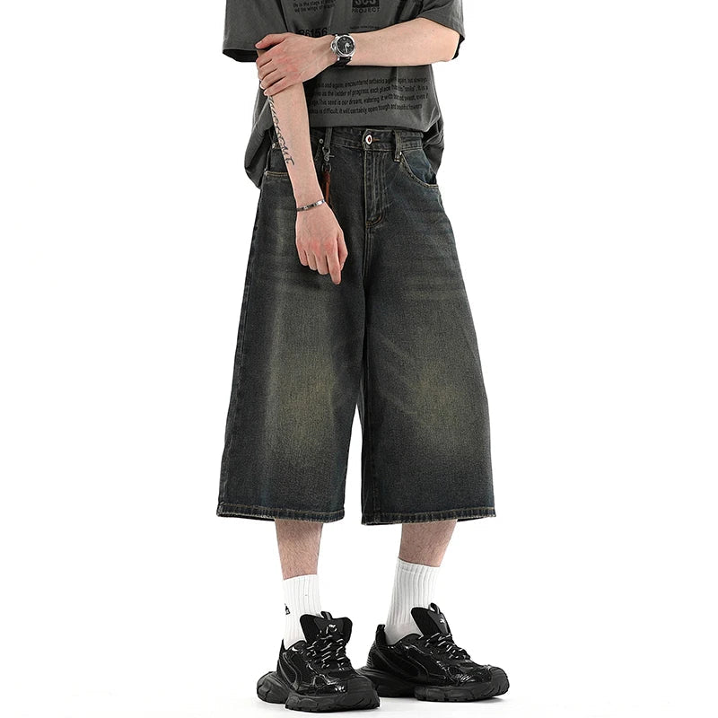 black Baggy Denim 5 Shorts Wide Leg Pants Men Fashion High Waisted Over the knee Jeans Shorts Oversize 6 7 8six-seven point pant ATFH