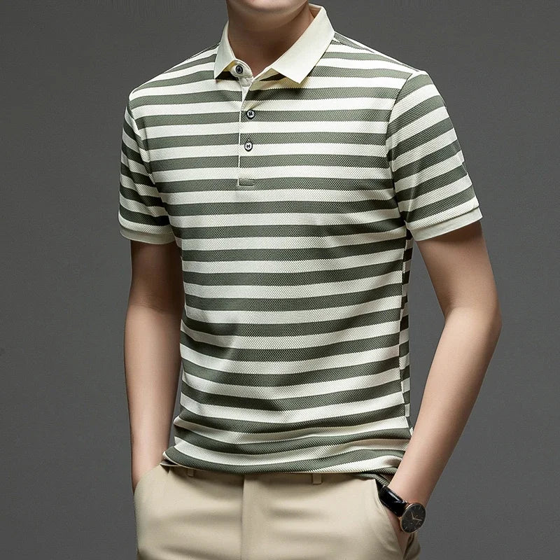 Men Striped Short Sleeve Polo Shirt Casual Breathable Waffle Knit Summer Classic Fashion Business Top