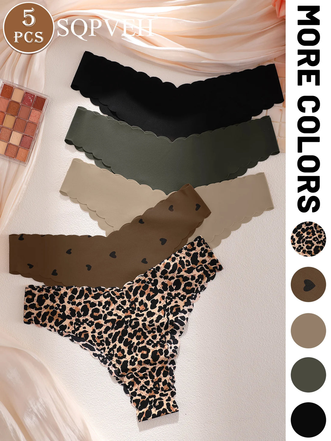 5PCS Leopard Heart Print Scalloped V-Waist Thongs, Seamless No-Show Earth Neutral Soft Breathable Invisible Women Daily Underwea