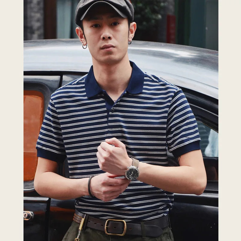 Summer Lapel T-shirt Amekaji Retro Breton Stripe Shirt Pure Cotton Short Sleeve Striped Men's Polo Shirt American Vintage Casual