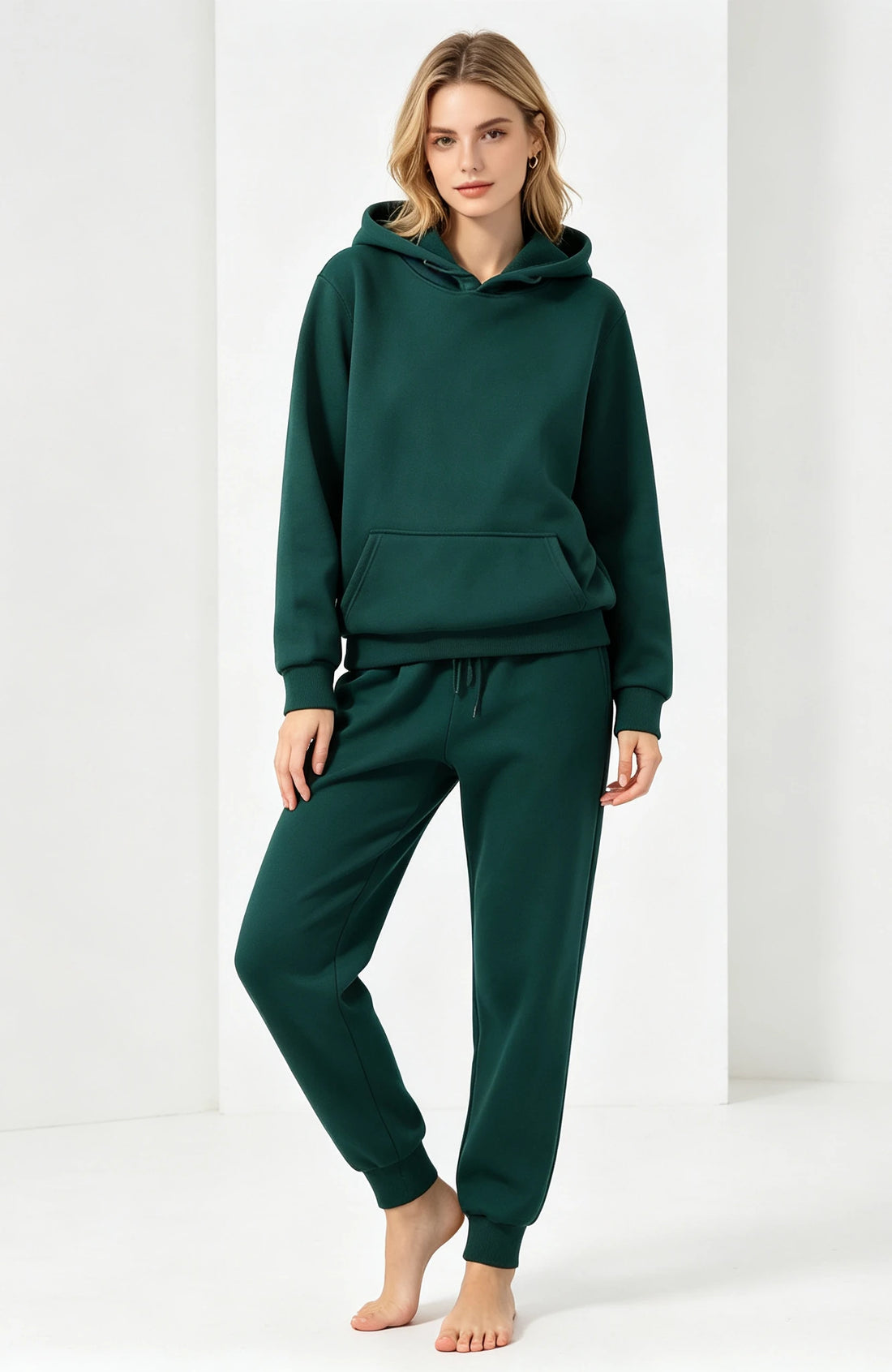Women's Autumn and Winter Solid Color Minimalist Two-piece Set Hooded Sweat Casual Drawstring Leg Sweat Pants Home Suit