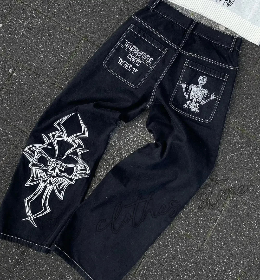 New Baggy Casual Wide Leg Jeans Men Street Retro Hip Hop Print Jeans Trend Fashion Black High-waist Jean Y2k Men Clothing 2023 ATFH