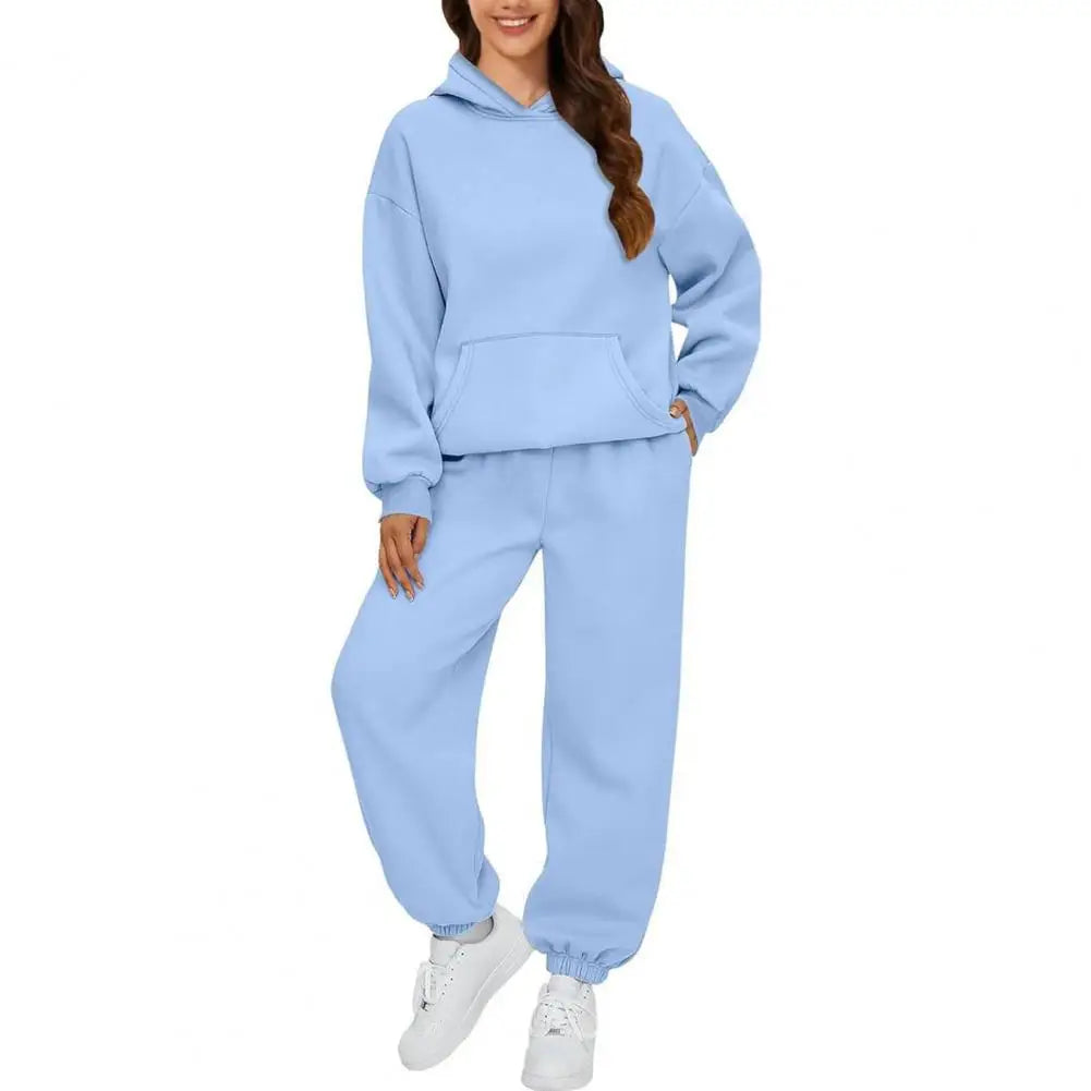 Women's Tracksuit Suit Winter Fashion Warm Hoodie Sweatshirts Two Pieces Oversized Solid Casual Hoody Pullovers Long Pant Sets