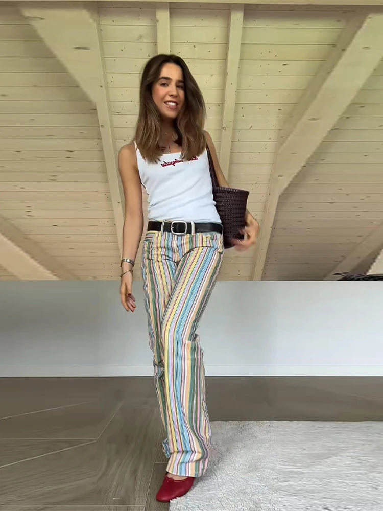 Colorful Striped Jeans Women's Low-Waist Pockets Wide-Leg Trousers 2026 Street Retro Multicolor Vertical Stripe Denim Pants ATFH