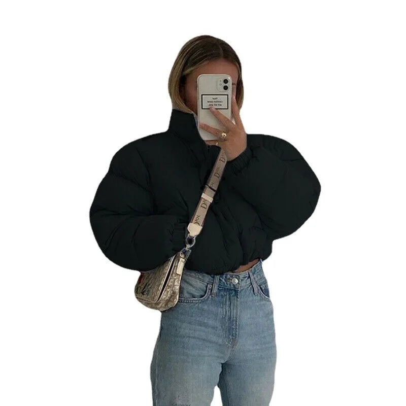Women Short Puffer Jacket Cotton-Padded Thick Drawstring Parkas Zipper Winter Bubble Coat Warm Casual Hot Street Outfits