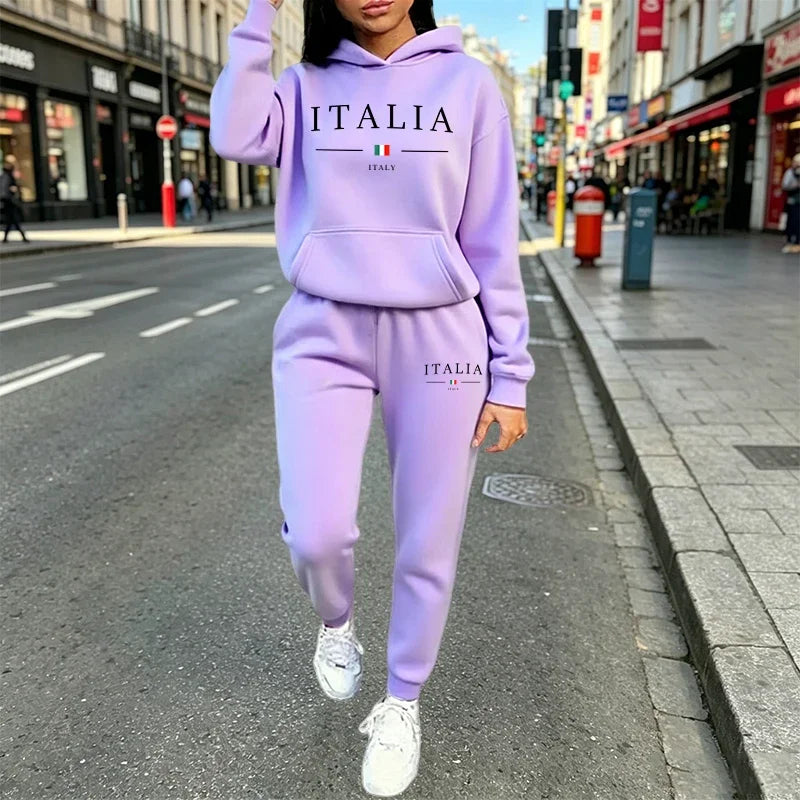 Casual Women's Outfits Print Hooded Sweatshirt 2 Pcs Suit Daily Sports Jogging Sportswear Clothing AutumnWinter Woman Pants Sets