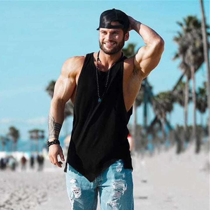 Mens black running tank top; sleeveless cotton gymwear with irregular hem