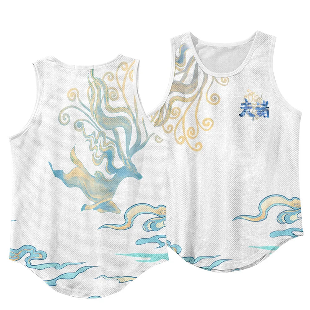 Summer Workout Black Print Sleeveless Beach Undershirt Vest Men Tank Top Gym Stringer Singlets Fitness Clothing