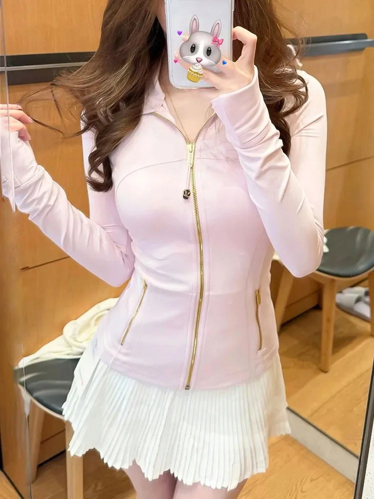 Gold zipper version women's yoga jacket, sports stand-up collar jacket, fitness slimming top