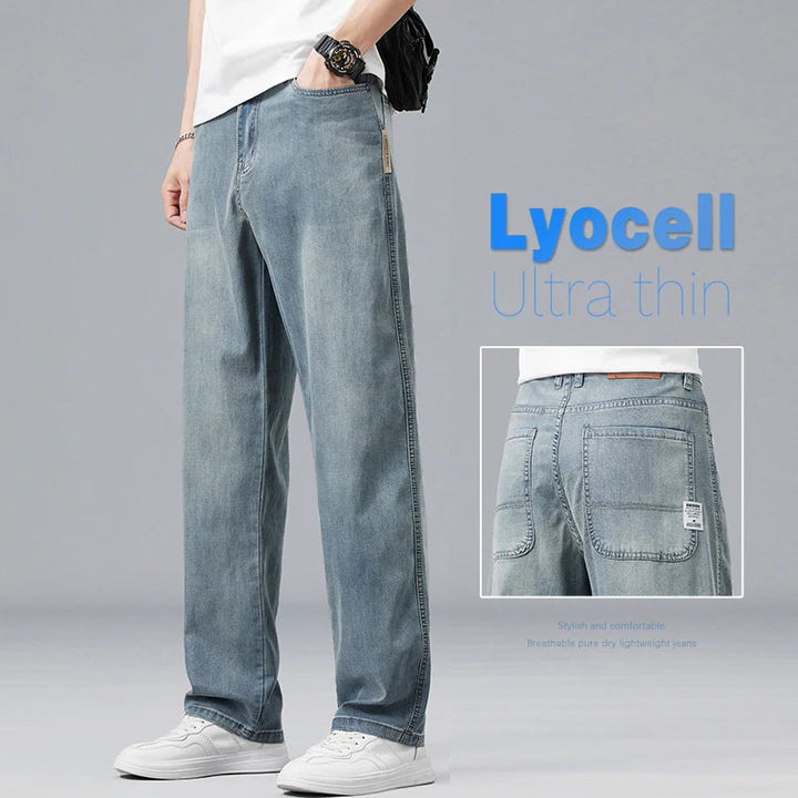 Summer Ultra-thin Lyocell Men's Jeans Drape Soft Fabric Loose Straight Casual Denim Pants Elastic Ice Silk Male Trousers ATFH