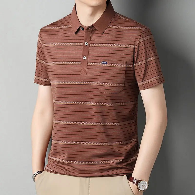 Men Striped Short Sleeve Polo Shirt Slim Fit Casual Business T Shirt With Small Label Decor