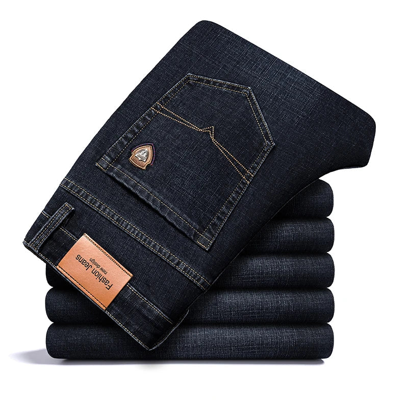 SHAN BAO 2022 autumn spring fitted straight stretch denim jeans classic style badge youth men's business casual jeans trousers ATFH