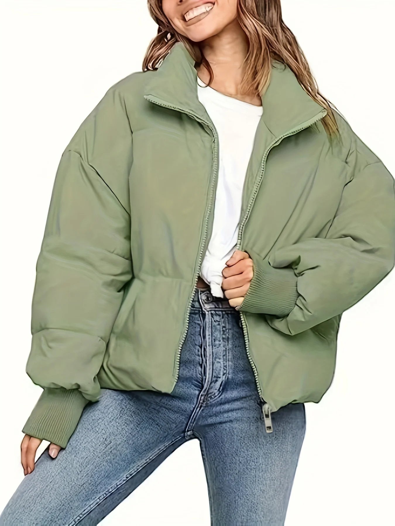 Thickened Oversized Cropped Puffer Jacket, Army Green Zip-Up Style, Women's Warm Top for Fall & Winter Commute & Streetwear