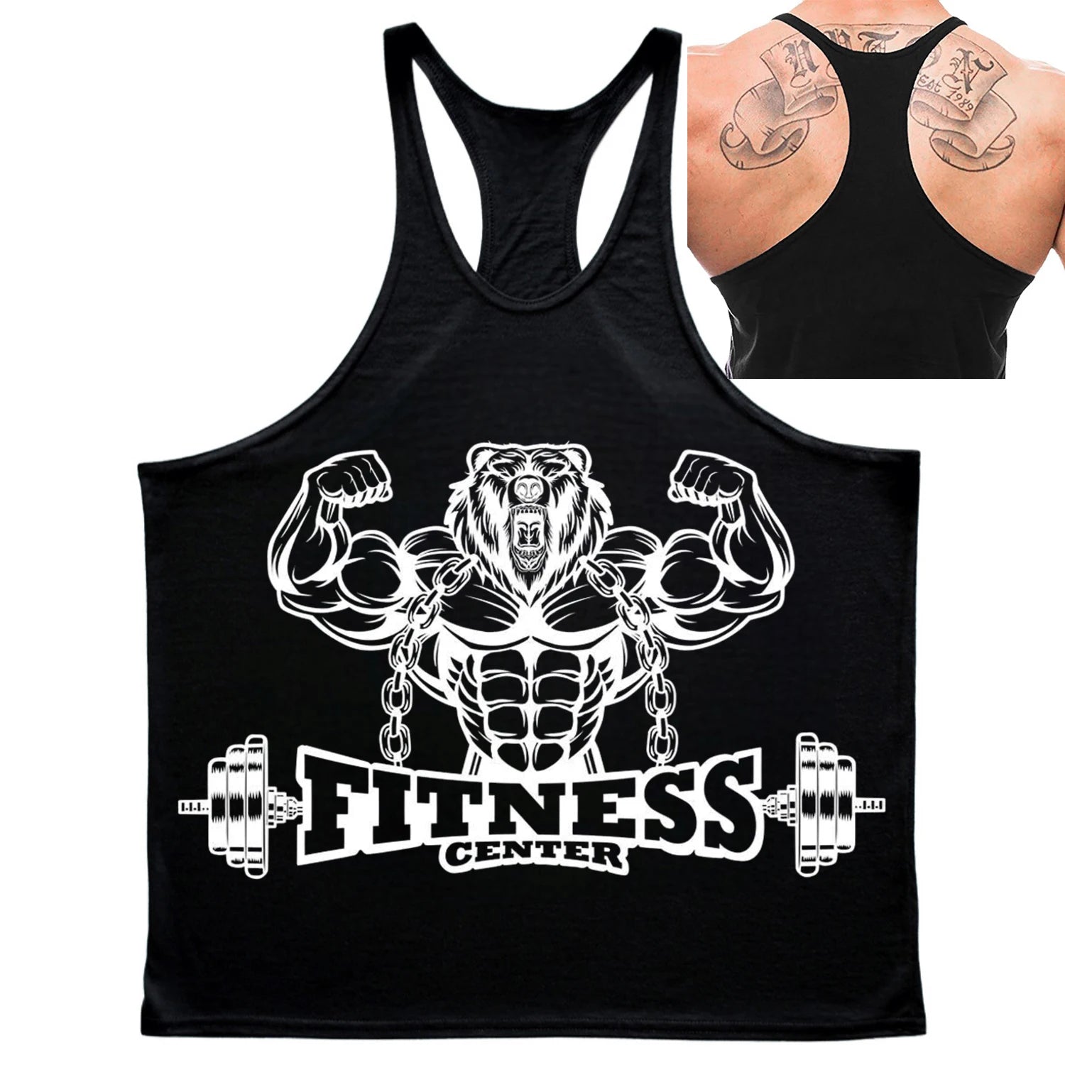 Men's Fitness Bear Graphic Stringer Tank Top, Bodybuilding Gym Vest, Summer Casual Street Fashion Sleeveless Shirt