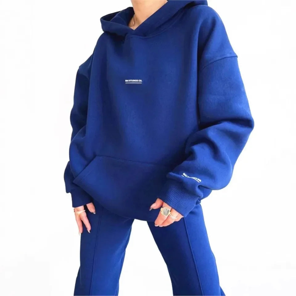 Women's Casual Hooded Sweatshirt Trousers 2 Piece Set Plus Velvet Warm Fashion Pocket Printed Letters Sports Ladies Trousers Set ATFH