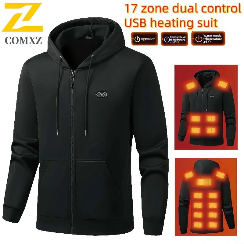 17 Zone Heating Hoodie 2025 New Men Hooded Hoodie Fleece Thick Anti Cold Warm USB Heating Hoodie Outdoor Sports Camping Jacket - ATFH