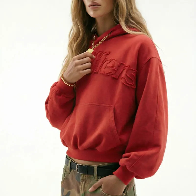 Raw-edge appliqué Sweatshirt y2k Fashion Street styl Men's / Women's Casual Hoodies High Quality Cotton Loose Pullover Tops - ATFH
