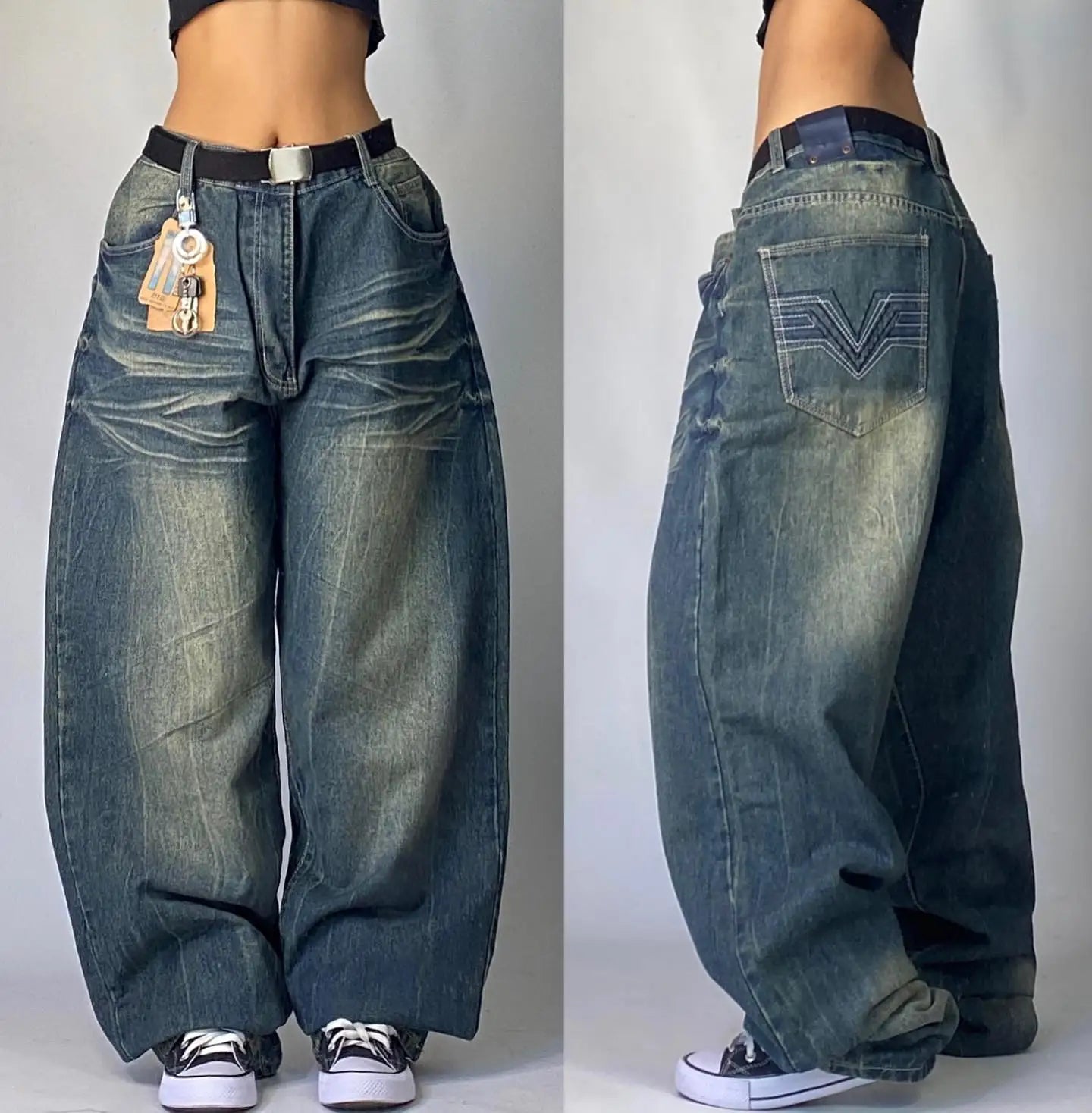 Y2K Harajuku New Punk Feng Shui Washing Old Baggy Jeans Female Streetwear Dance Popular Casual Joker High Waist Wide Leg Pants ATFH