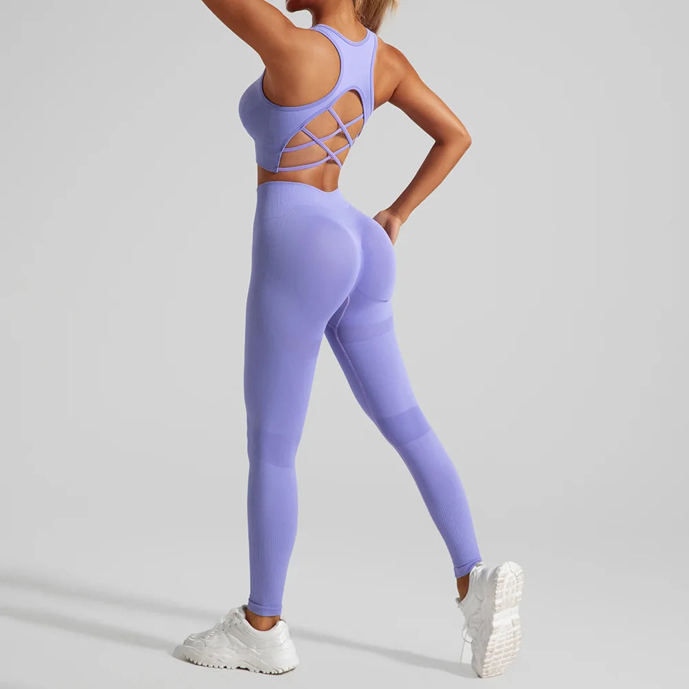 Seamless Yoga Set Two Piece Set Womens Outifits Workout Gym Set Fitness Clothing Tracksuit Backless Crop Top Leggings Sport Suit - ATFH