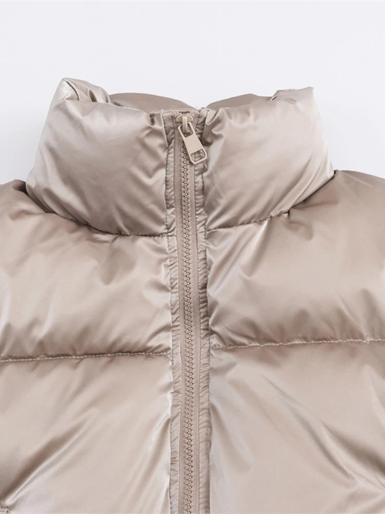 Women's Solid Cropped Puffer Jacket Stand Collar Quilted Fabric Elastic Cuff Coat Winter Casual Outings Daily Wear Cold Weather ATFH