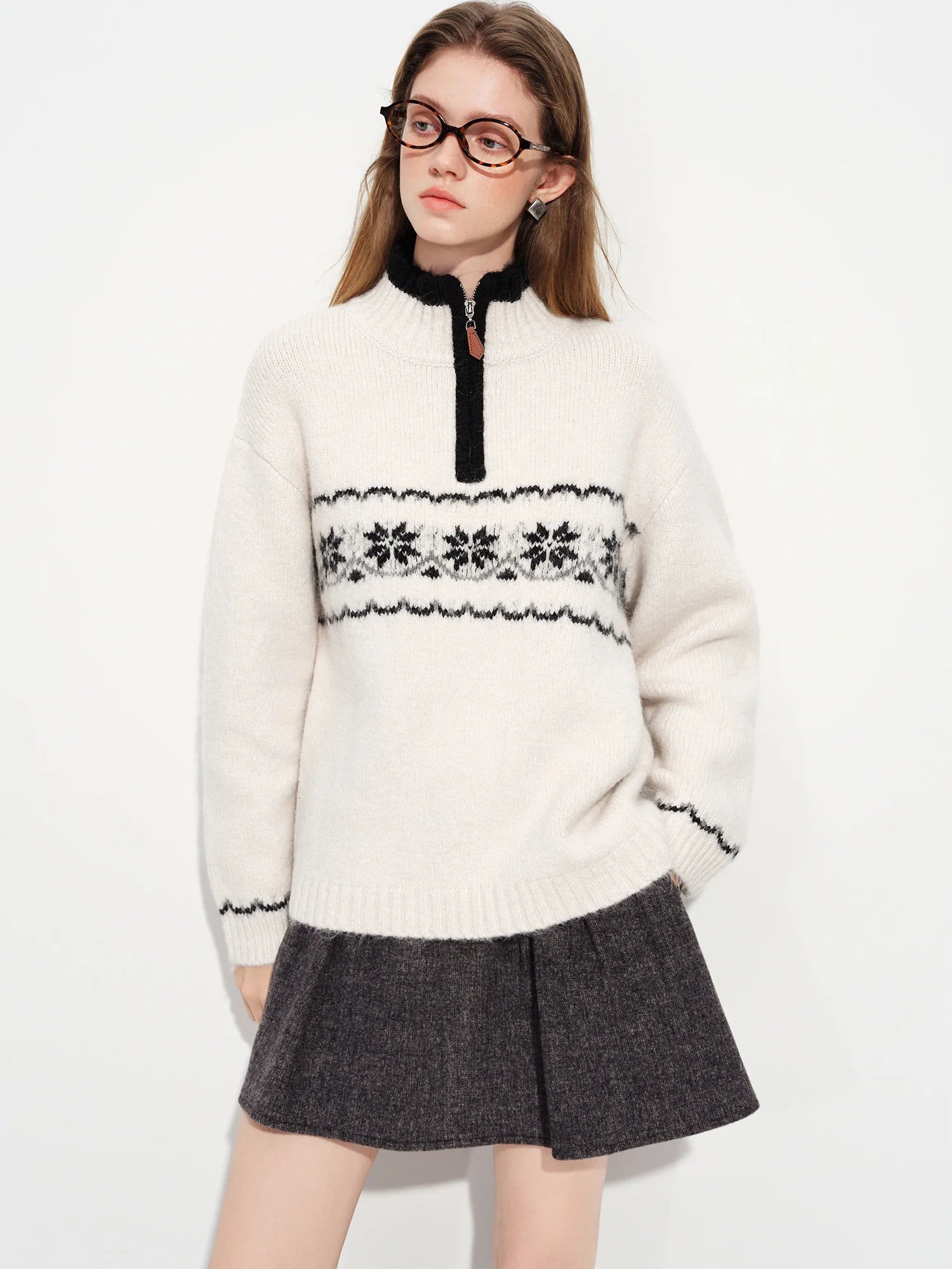 FSLE Vintage Fair Isle Jacquard Knit Sweater for Women 2025 Winter New Arrival Semi Open Front Zip-Up Pullover Winter Sweaters - ATFH