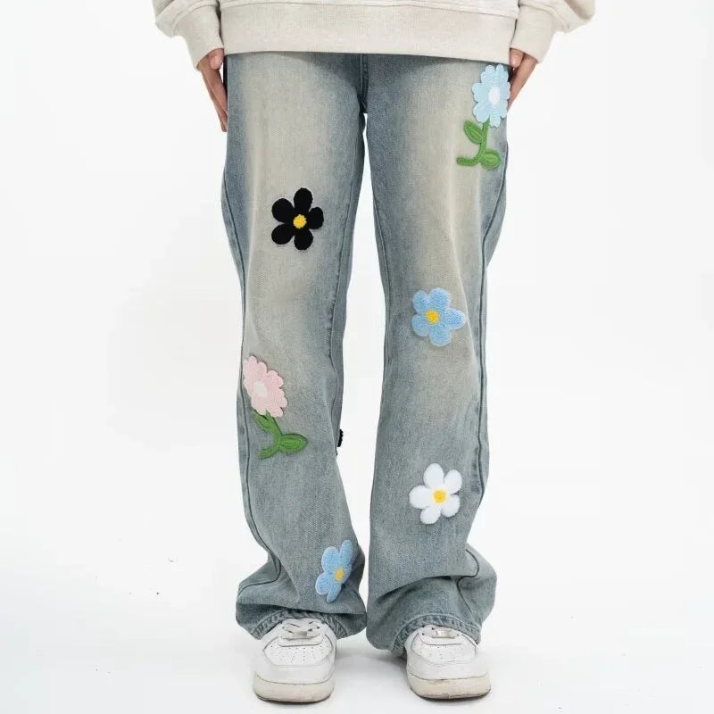 Y2K Vintage Flower Embroidered Jeans For Men High Street Baggy Straight Wide Leg Denim Pants Autumn Design Hip Hop Fashion Jean ATFH
