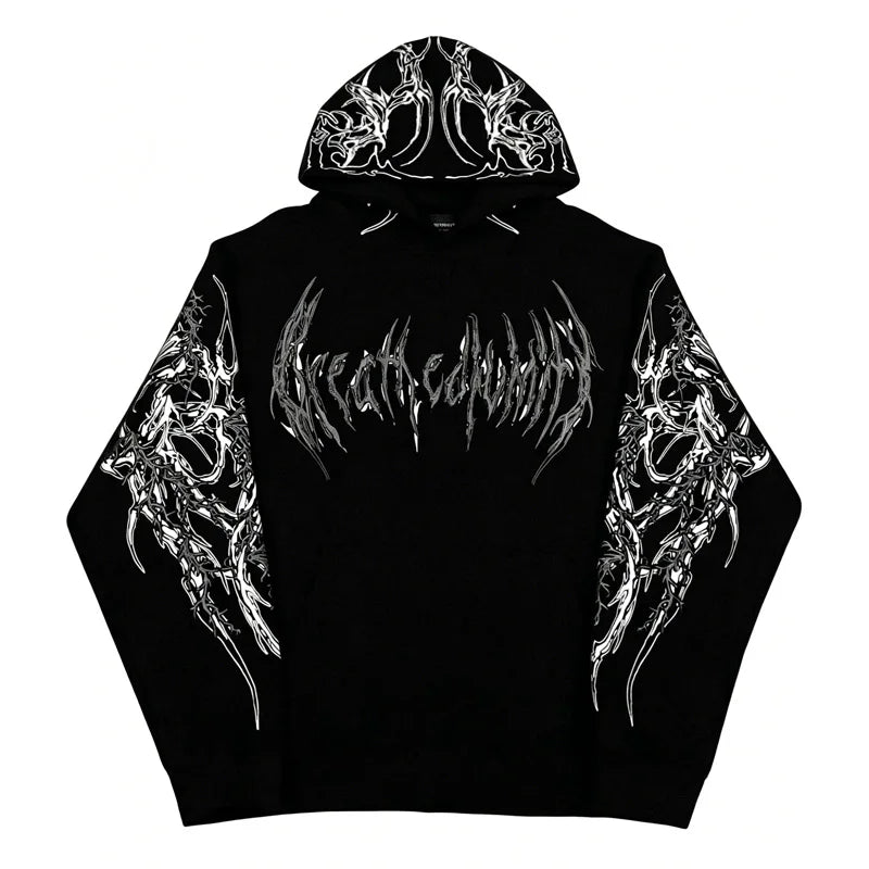 Men Gothic Punk Letter Print Hoodie Y2K Hip Hop Streetwear Pullover Sweatshirt Dark Pattern Casual Hooded Tops With Pocket