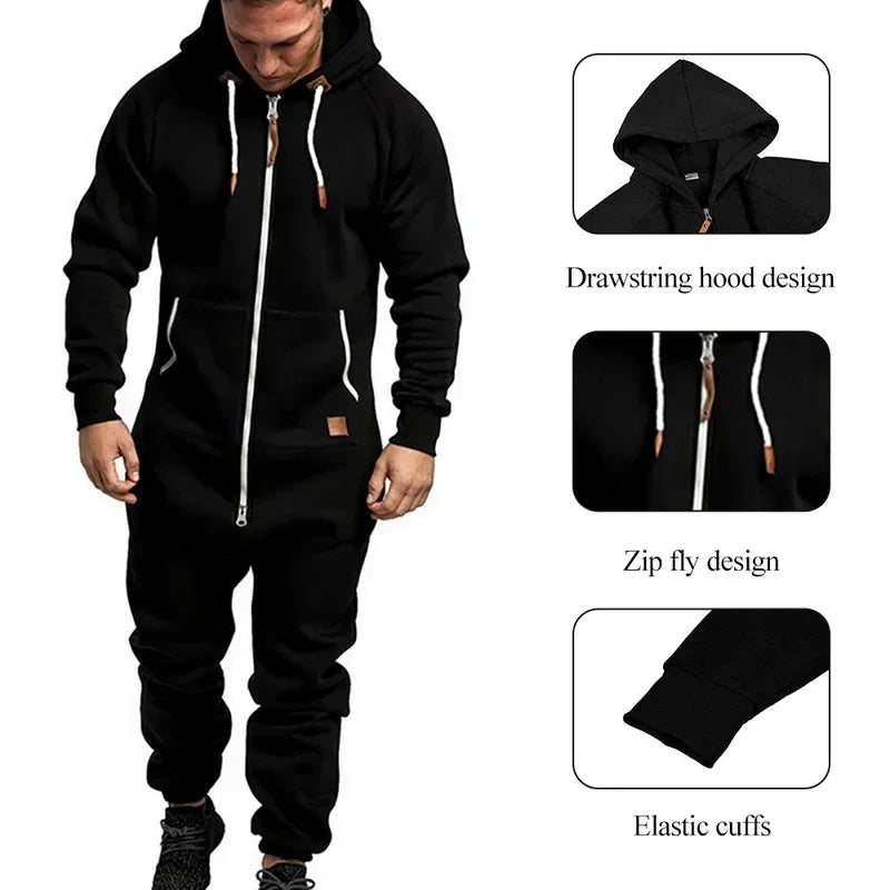 New Custom Design Jumpsuit Pajamas Long-sleeved sports pants solid color splicing casual sweater men's zipper hoodie - ATFH