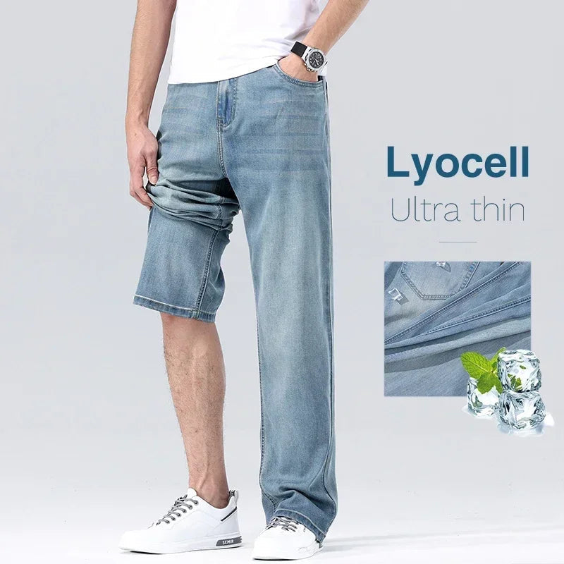 Men's Loose Jeans Summer Fashion Drape Soft Fabric Ultra Thin Pants Wide Legs Ice Silk Lyocell Business Straight Denim Trousers ATFH
