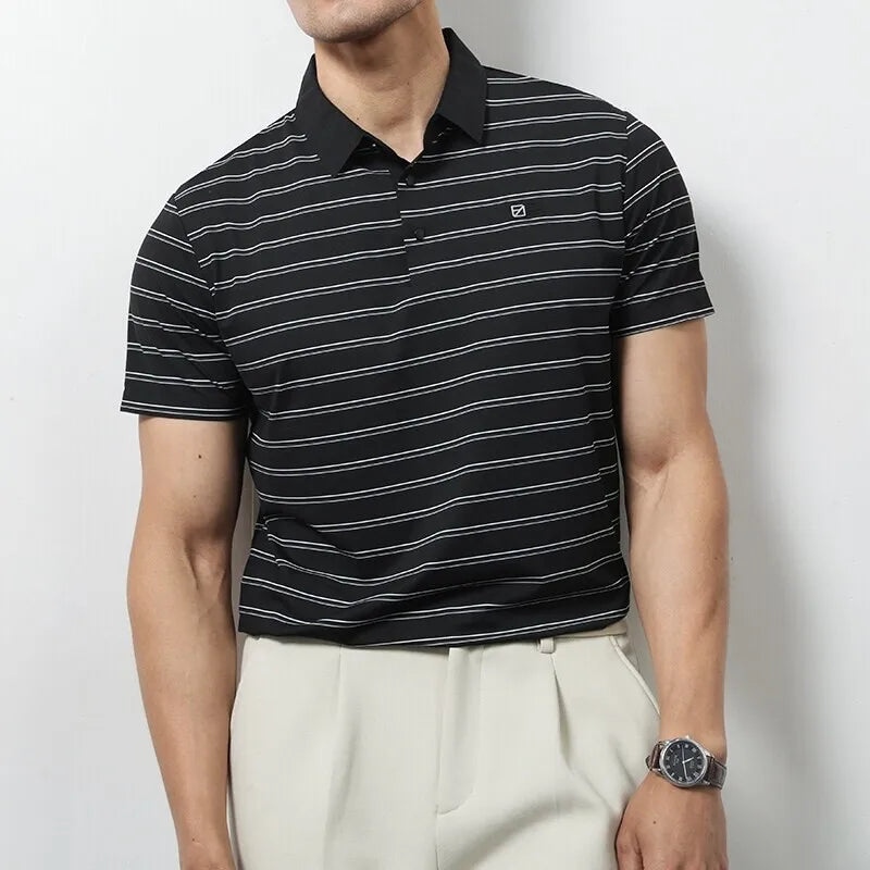 Brand Striped Short Sleeve Polo Shirts Men Trendy Business Casual Lapel T-shirts Social Office POLO Tees Tops Men Clothing 2025