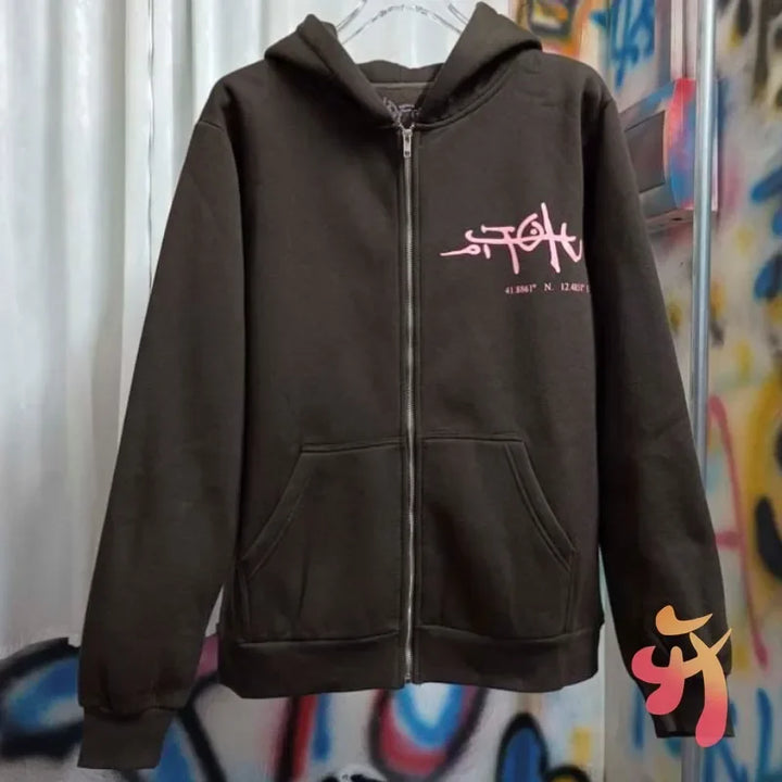 Winter Brown Fleece Utopia Jackets High Quality Vinatge Print Zipper Hoodie Hiphop Street Cactus Jack Hoodys Men Women Cleanfit - ATFH