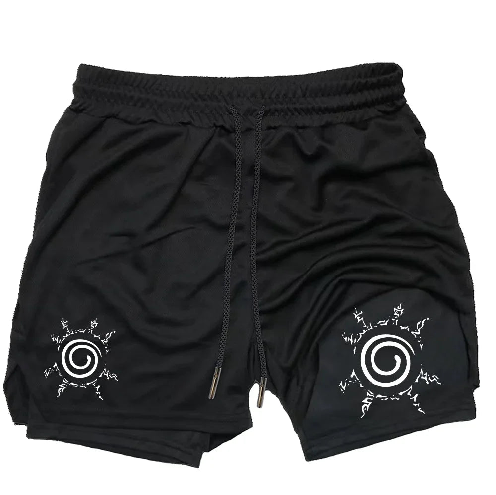 Anime men's gym quick drying jogging shorts fitness exercise running 2-in-1 shorts men's sports fitness shorts