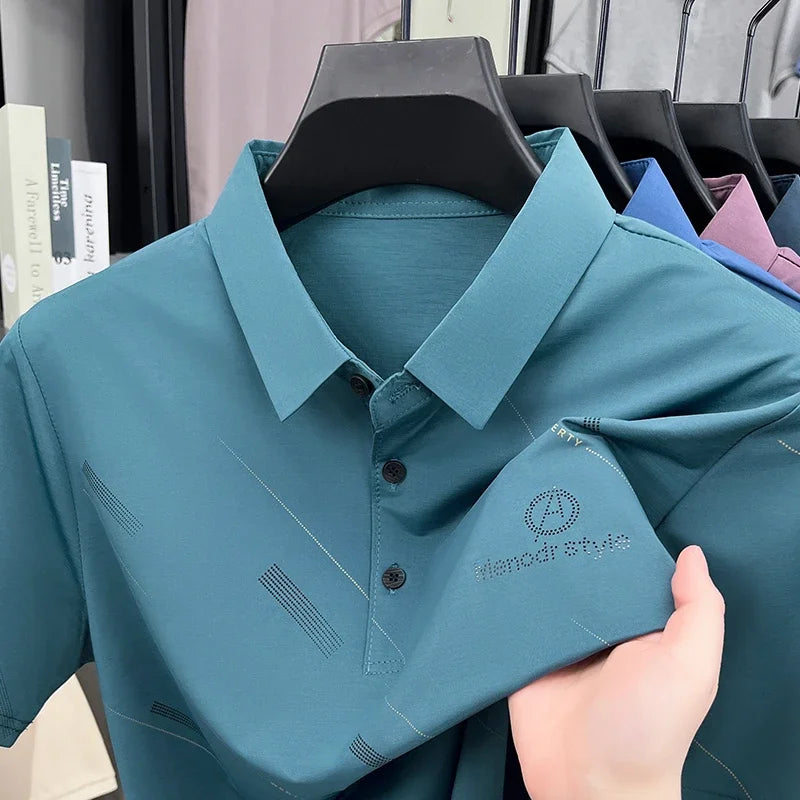 Mens Business Casual Printed Polo Shirt Short Sleeve Lightweight Fabric Comfortable Fit Suitable For Work And Daily Outings