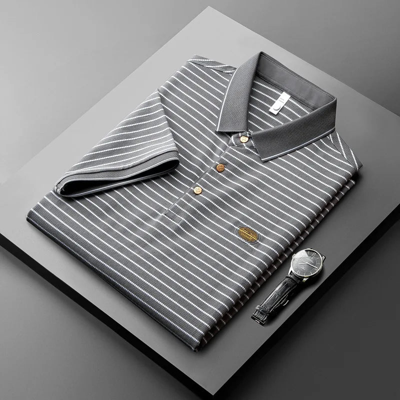 Men's short sleeved slim fit letter embroidered lapel T-shirt summer light luxury thin ice silk light cotton striped polo shirt